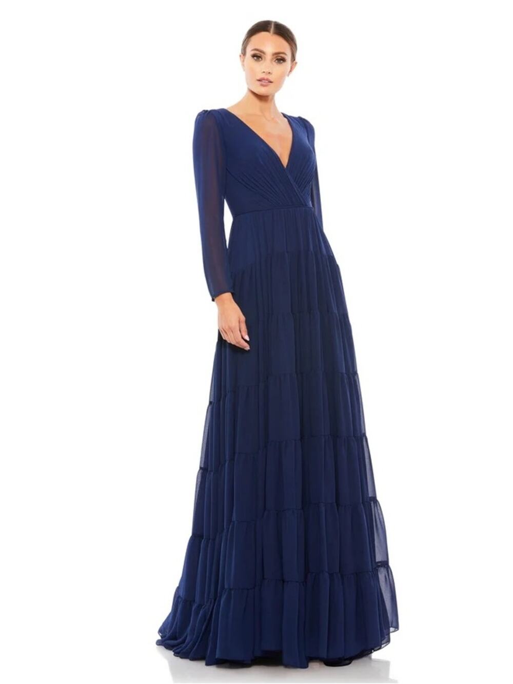 IEENA MAC DUGGAL Navy Faux Wrap Illusion Long Sleeve Tiered Gown 55311 Size 6